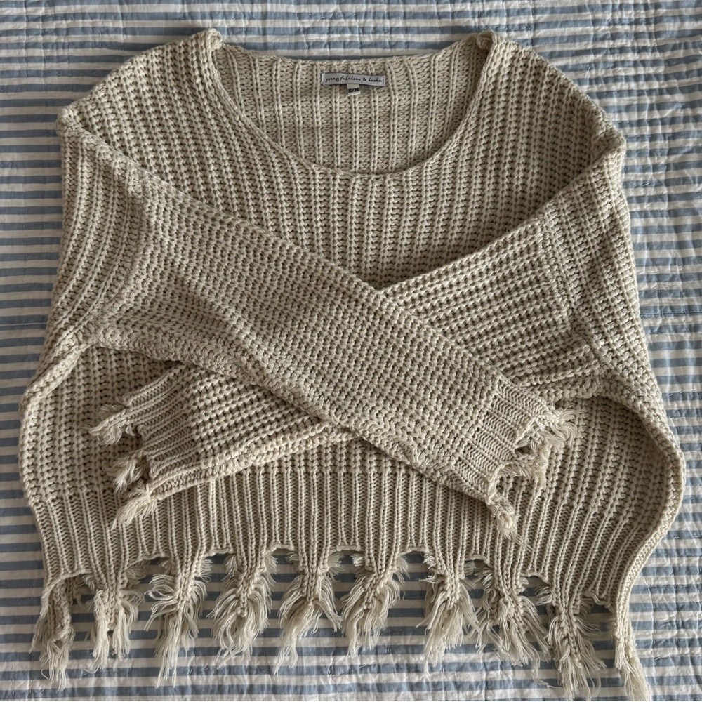 Young Fabulous & Broke Fringed Knit Sweater in Beige